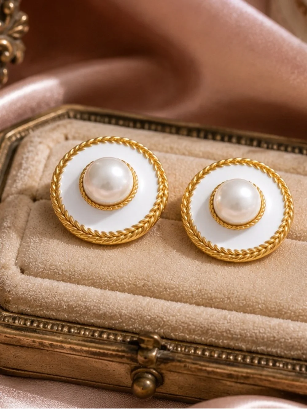 White Pearl Button Gold Earrings